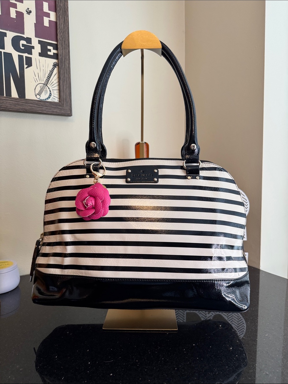 kate spade Black & White Striped Satchel with Pink Flower Charm